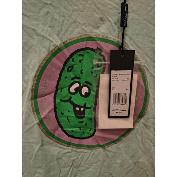 Marc Jacobs Ringer T Shirt Pickle "Dill With It" Graphic Aqua Pink Size S NEW - Picture 4 of 6